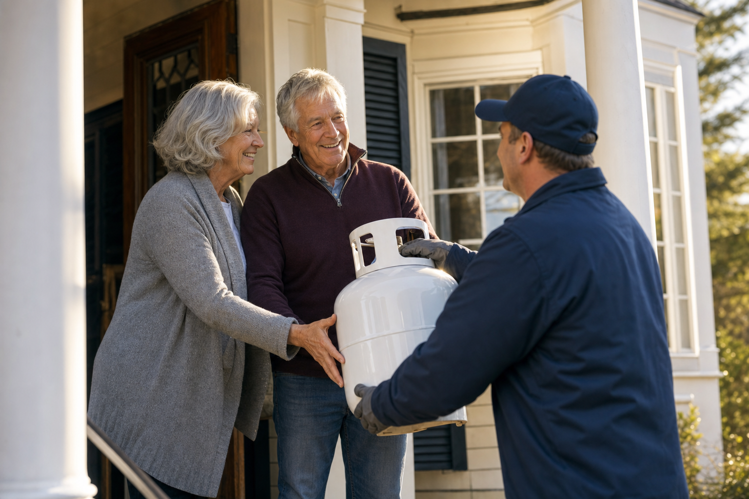 Tank Exchange delivery driver handing a propane tank to customers