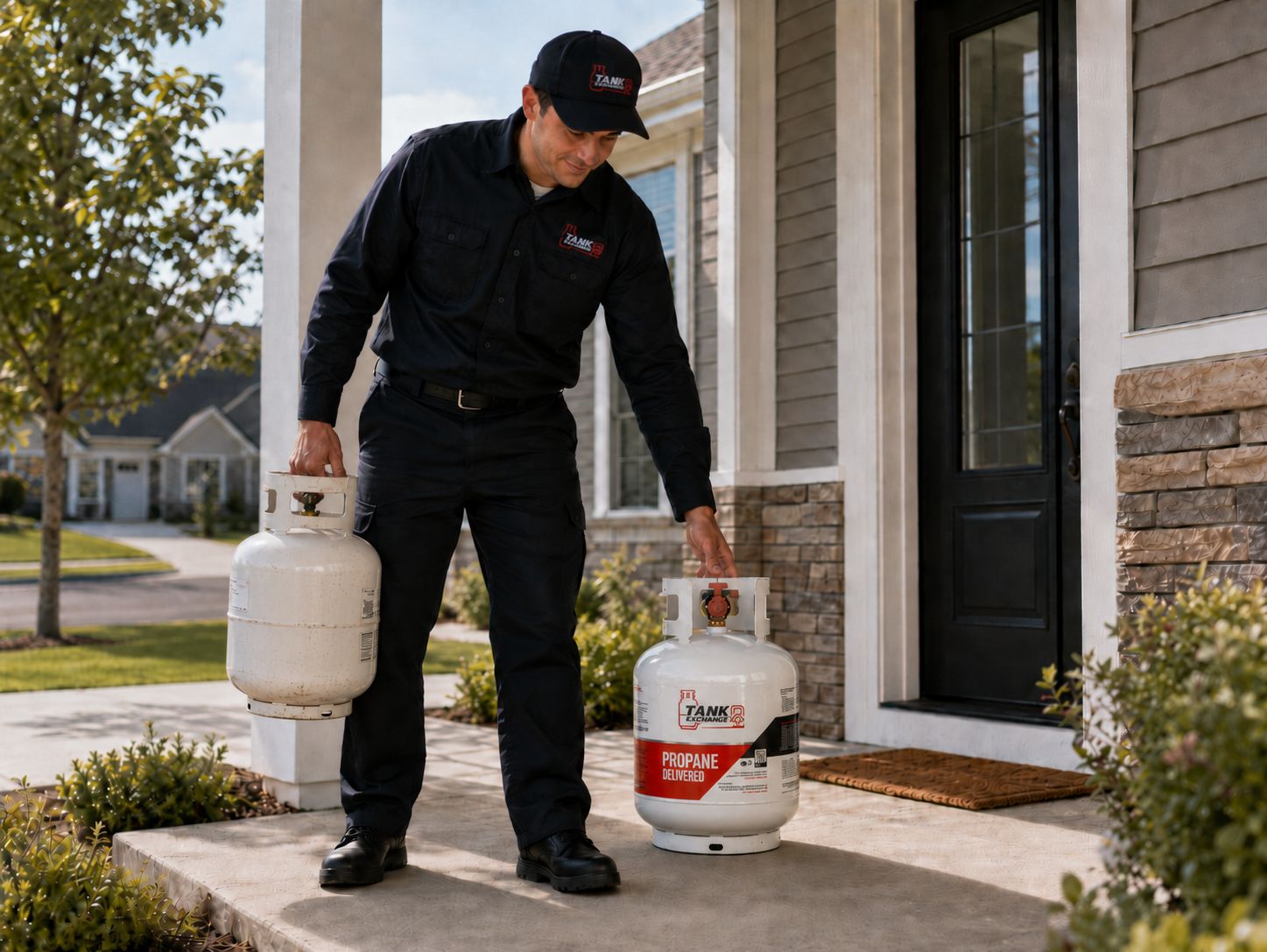 Tank Exchange delivery driver handing a propane tank to customers